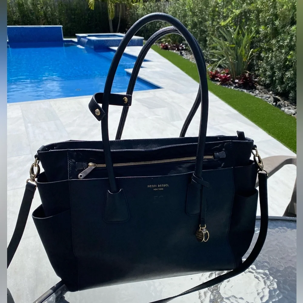 Henri Bendel Diaper Bag great work bag for laptop black leather purple interior - Picture 1 of 8